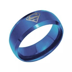 Blue Stainless Steel SUPERMAN Insignia Emblem Stamped Frosted 8mm Band Ring